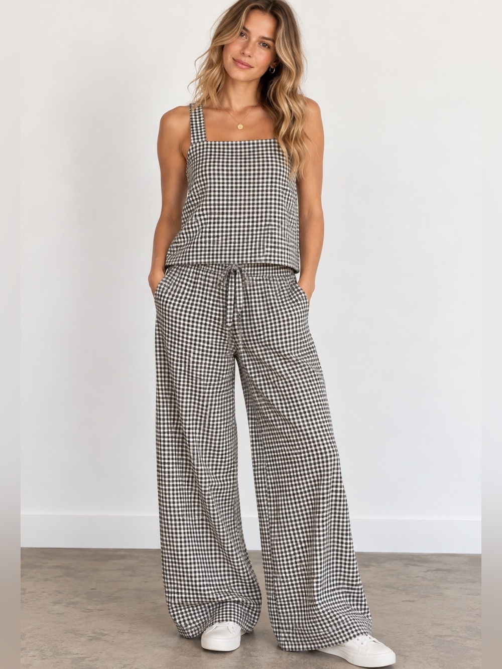 A New Day Gingham 2 Piece Set L Black White Wide Leg Pants Tank NWOT